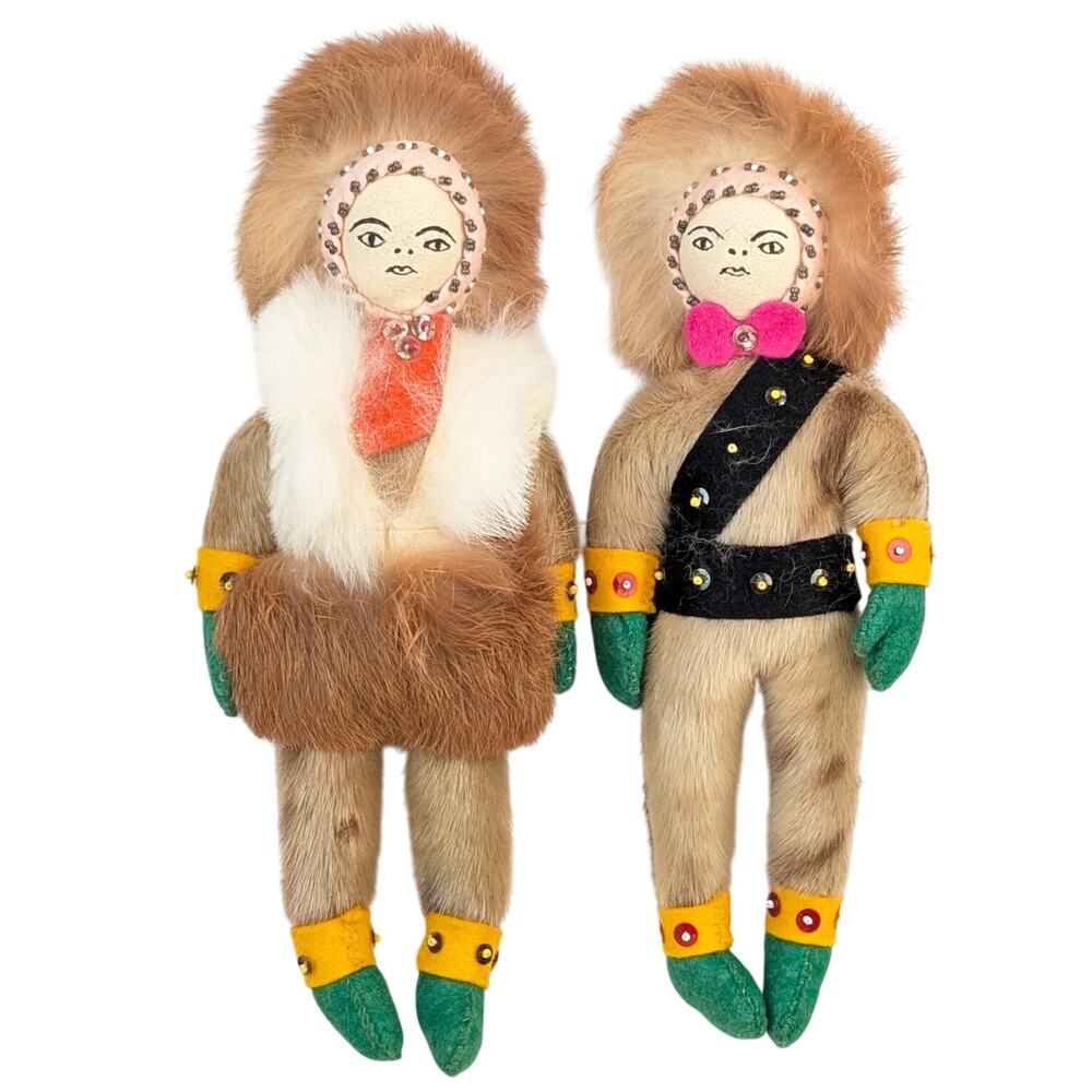 Vintage Inuit Dolls – Handmade 9.5" Fur Textile– Alaska Native First Peoples Art